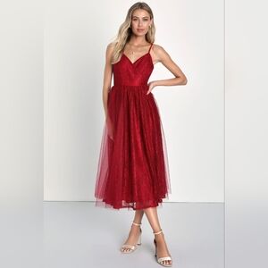 Burgundy Lace Tulle Midi Dress - Women's Elegant Spaghetti Strap Dress